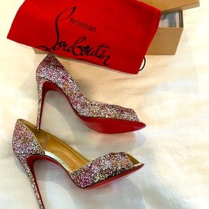 New Christian Louboutin Demi You Half-d’Orsay Style Pee Toe Pump Glitter Sz38